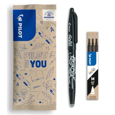 Afbeelding van PILOT set van 1 Frixion Ball + 3 vullingen Uitwisbare pen met thermogevoelige inkt Navulbare rollerbalpen gerecycled kunststof Zwart Medium punt