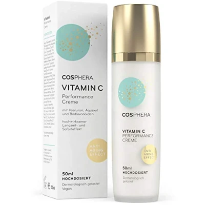 Afbeelding van Cosphera: Vitamine C Performance Creme, Gezichtsverzorging; dag en nachtcrème; 50 ml; geconcentreerde crème voor gezicht, hals, decolleté, ogen; bevat hyaluronzuur; vochtinbrengende antirimpelcrème; geschikt dames heren; veganistisch product