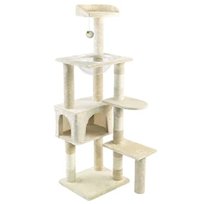 Afbeelding van VOUNOT Krabpaal met ruimtecapsule en krabpaal, klimboom voor katten, activiteitencentrum, grot platforms, hoogte 138 cm, beige