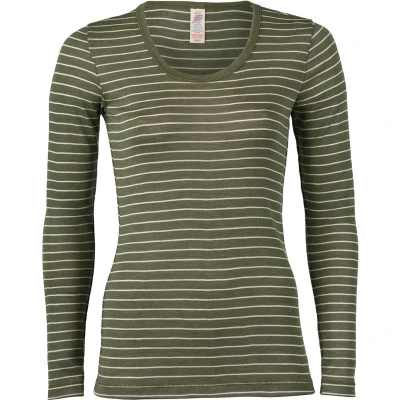 Afbeelding van Engel Natur Dames Shirt Lange Mouw Zijde Merino Wol GOTS Olijfgroen Gestreept 46/48XL