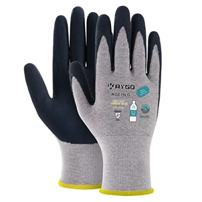 Afbeelding van KAYGO 3 paar werkhandschoenen voor dames, ademende latex gecoate tuinhandschoenen van gerecycled polyester, milieuvriendelijke beschermende handschoenen thuis en in de tuin (grijs, M, maat 8)