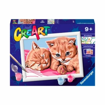 Afbeelding van Ravensburger CreArt E serie: Rode kittens, kit om te schilderen op nummer, bevat een voorgedrukt bord, kwast, kleuren en accessoires, creatief spel voor kinderen van 9 jaar