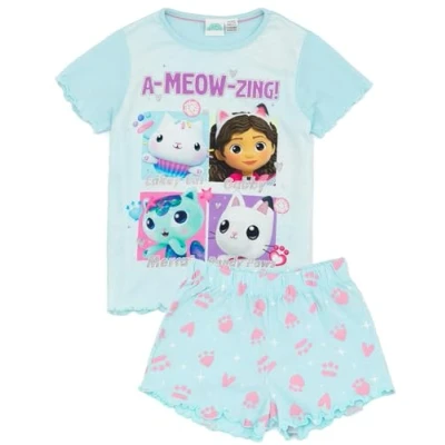 Afbeelding van Gabby&#039;s Dollhouse Meisjes Blauwe Pyjama Set Blauw T shirt en korte broek voor kinderen met pyjama&#039;s Gabby Cakey kat Mercat Pandy poten Officiële merchandise Gezellige cadeau
