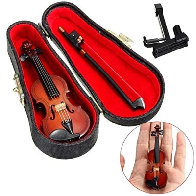 Afbeelding van Houten viool miniatuur muziekinstrument model, mini mooie kunstmatige poppenhuis ornament vakantie accessoires cadeau met steun standaard boog en zwarte koffer