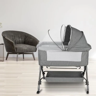 Afbeelding van Bedbanken, Bijzetbed voor baby&#039;s, met schommelmodus, kantelfunctie, opklapbaar zijpaneel, verstelbare hoogte, 4 wielen, traps hoogteverstelling schuine 104 * 52 100 110 cm linnengrijs