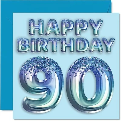 Afbeelding van 90e verjaardagskaart voor mannen blauwe glitter feestballon gelukkige verjaardagskaarten 90 jarige man overgrootvader opa papa Gran, 145 mm x negentig negentigste verjaardag