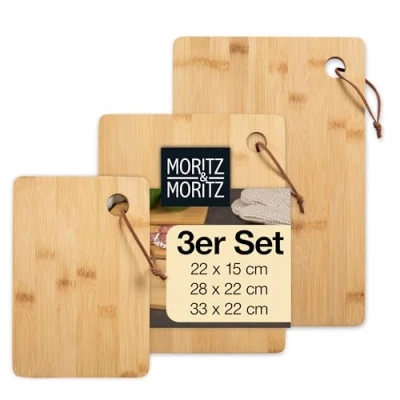 Afbeelding van Moritz &amp; Ontbijtplankjes van bamboe, 3 delige snijplank, houtset, natuurlijk antibacterieel, robuust en mesvriendelijk, veelzijdig als houten plank, keuken, broodplank, serveerplank snijbord