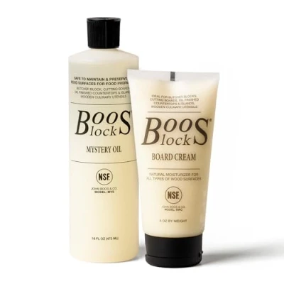 Afbeelding van Boos Block s® MYSCRM Mystery Oil verzorgingsolie en board cream verzorgingscrème van John Boos, 473ml fles (houtolie) &amp; 148ml tube (houtolie met bijenwas)