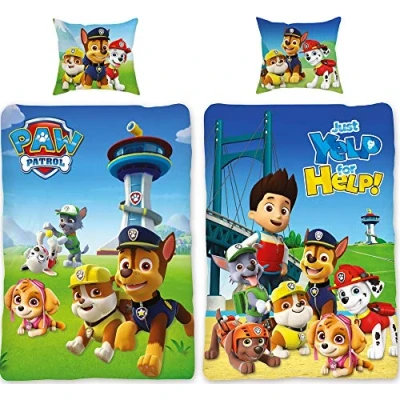 Afbeelding van Paw Patrol beddengoed Team blauw 135 cm x 200 + 80 100% katoen renforcé linon kwaliteit Chase Marshall Rocky Zuma Rubble Skye Ryder omkeerbaar Duitse maat ritssluiting