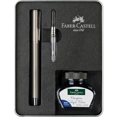 Afbeelding van Faber Castell 149627 schrijfset Neo Slim roestvrij staal mat, met vulpen M, inktpot 30 ml en converter