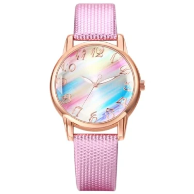 Afbeelding van JewelryWe Dameshorloge regenboog lederen horloge: paars dames Preppy Boho analoog kwarts polshorloge vrouwen casual horloge met PU lakleer armband en gekleurde wijzerplaat, lila