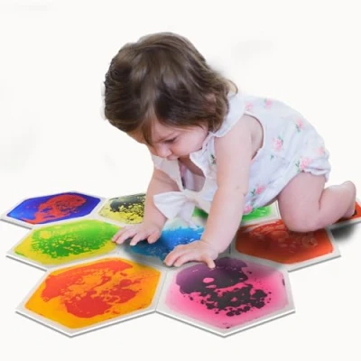 Afbeelding van Art3d 9 stuks zeshoekige sensorische vloertegels voor kinderen, kleuters en jongeren, kleurrijke vloeibare activiteitsmat actief spelen decoratie