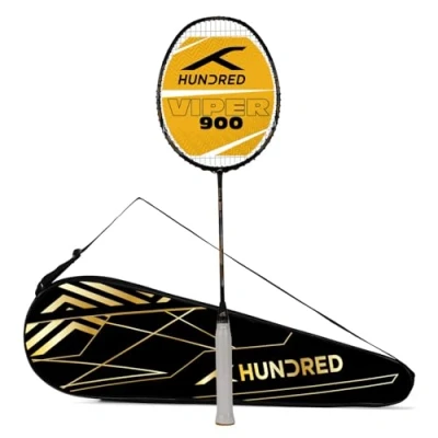 Afbeelding van Hundred Viper 900 koolstofvezel bespannen badmintonracket met volledige rackethoes (zwart/grijs) Voor gemiddelde spelers 79 gram Maximale snaarspanning 32 lbs