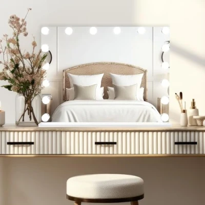 Afbeelding van Verlichte Hollywood Spiegel 16 LED Vanity Make up Tafel Wand Touchscreen Dimbaar 3 Kleuren Modus Bluetooth Speaker 2 Oplaadpoorten USB A &amp; C Microvezel Reinigingsdoek 10x Vergrootspiegel