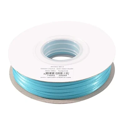 Afbeelding van Vaessen Creative satijnen lint, turquoise, 3 mm x 100 m dubbel decoratief cadeaulint, stoffen lint voor bruiloft, doop en verjaardagscadeaus