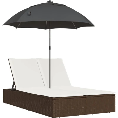 Afbeelding van vidaXL Ligbed 2 persoons met kussens en parasol poly rattan bruin