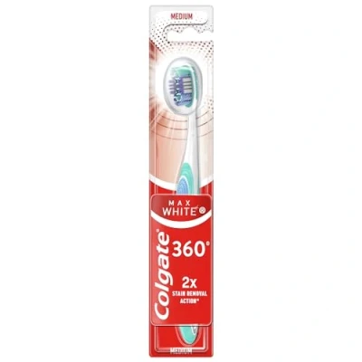 Afbeelding van Colgate Max White 360 Tandenborstel, gemiddelde hardheid, 1 stuk, tandbleekmiddel, verwijdert vlekken, reinigt moeilijk bereikbare gebieden, tong en wangenreiniger, slechte adem