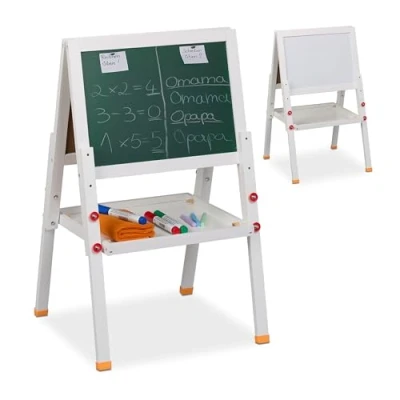 Afbeelding van Relaxdays schoolbord kinderen, in hoogte verstelbaar, magnetisch, 77x39x44,5 cm, whiteboard, staand tekenbord, hout, wit