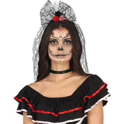 Afbeelding van Halloween thema diadeem met bloemen en sluier one size zwart/rood meisjes/dames Verkleedhoofddeksels