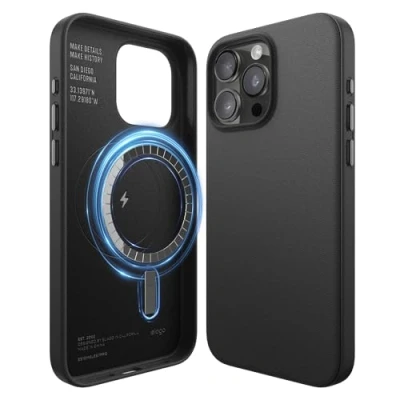 Afbeelding van elago Magnetische Leren Hoesje Compatibel met iPhone 15 Pro Max Case, MagSafe, Veganistisch PU Leer, Sterke Magneten, Volledige Lichaamsbescherming [5 laags structuur] (Zwaet)