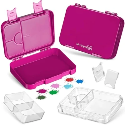 Afbeelding van Len bento Box lunchbox voor kinderen, met 4 + 2 vakken, extreem robuust, lunchbox, ideaal kinderopvang en school (paars)