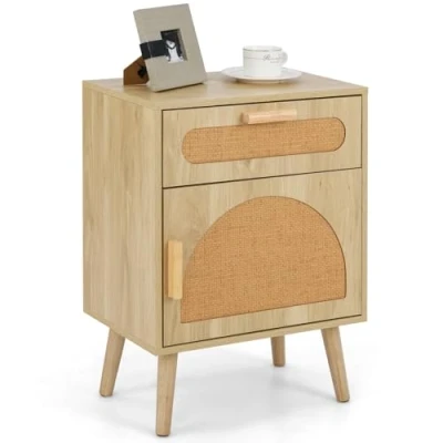 Afbeelding van COSTWAY nachtkastje van rotan, met lade en kast, bijzettafel, banktafel, in boho stijl voor slaapkamer, woonkamer, 45 x 30 61 cm