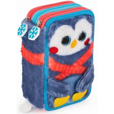 Afbeelding van Julian Ross Drievoudig gevuld etui voor kinderen, 45 accessoires de basisschool, 3 ritssluitingen, georganiseerde vakken, kleurpotloden, viltstiften, lijm, schaar, fluffy pinguïn, pennenhouder