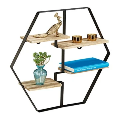 Afbeelding van Relaxdays wandrek hexagon 4 planken wandboard hout wandplank zeskant zwart