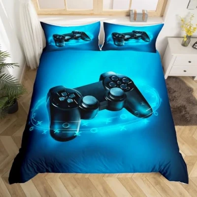 Afbeelding van Jongenskamer eenpersoons dekbedovertrekset, videogames themaontwerp in moderne gamepad console leuk entertainment, wetenschap en technologie decoratieve 2 delige beddengoed set met 1 kussensham, blauw