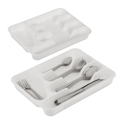 Afbeelding van Relaxdays bestekbak, set van 2, H x B D: 4 24,5 32,5 cm, 5 vakken, kunststof, bestek organizer voor lade, wit