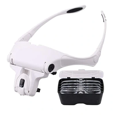 Afbeelding van EUROXANTY Vergrootbril met 2 ledlampen, grote vergroting, wimperverlenging, reparatie, vergrootglas, 5 verwisselbare lenzen, 1 x 1,5 2,5 3,5