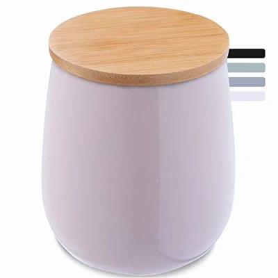 Afbeelding van KADAX Cosmeticadoos, keramische opbergdoos, katoenen doos met deksel van bamboe, wattenschijfhouder, voorraaddoos, wattencontainer, universele voor badkamer, wattenschijfjes, rond (roze)