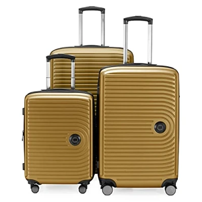 Afbeelding van HAUPSTSTADTKOFFER Mitte set van 3 koffers handbagage koffer 55 cm, middelgrote 68 cm + grote reiskoffer 77 harde schaal ABS, TSA, Herfst goud
