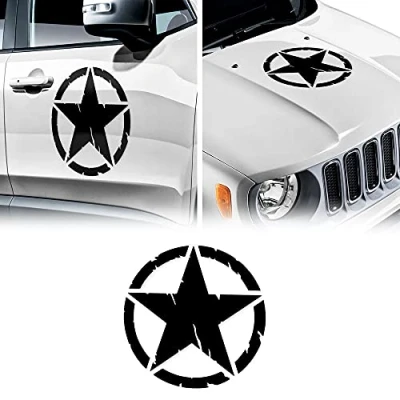 Afbeelding van 4R Quattroerre.it 17110 Sticker Army Star Armeesters voor Jeep Renegade autokap voordeur, diameter 33 cm, matzwart, 2 stuks