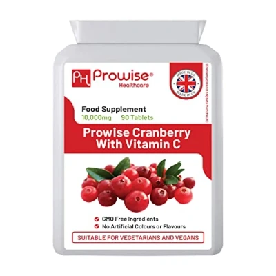 Afbeelding van Cranberry Double Strength 10.000 mg 90 tabletten met toegevoegde vitamine C UK vervaardigd GMP standaarden door Prowise Healthcare