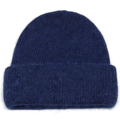 Afbeelding van Donkerblauw wollen damesmuts wintermuts one size met brede rand wol/acryl dames blauw STUDIO Ivana