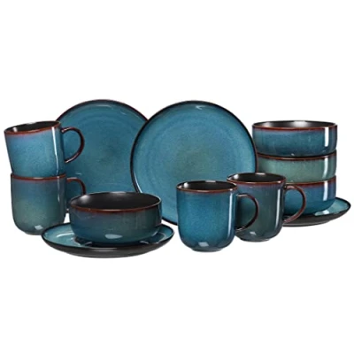 Afbeelding van Ritzenhoff &amp; Breker Ontbijtservies set Bali (Teller, Schale, Kaffeebecher) Reactief glazuur, elk exemplaar is uniek, 12 delen, voor 4 personen (set, delig)