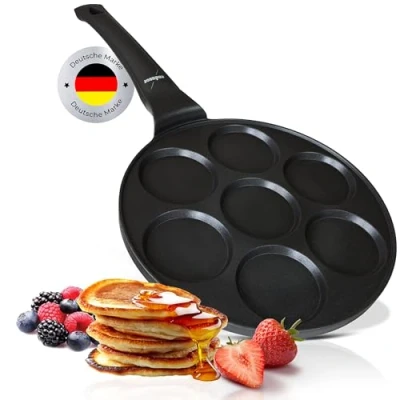 Afbeelding van endusor Pancakepan, spiegeleipan, diameter 26 cm, met PowerShield coating, inductie ceran gas, elektrisch, 7 x mini vormmaker, eierpan voor pannenkoeken, spiegelei, liwantsen, poffertjes