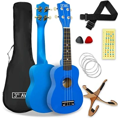 Afbeelding van 3rd Avenue sopraan ukulele 21 inch, beginnerspakket Tas, statief, ukeleleband, snaren, plectrums en fretstickers blauw
