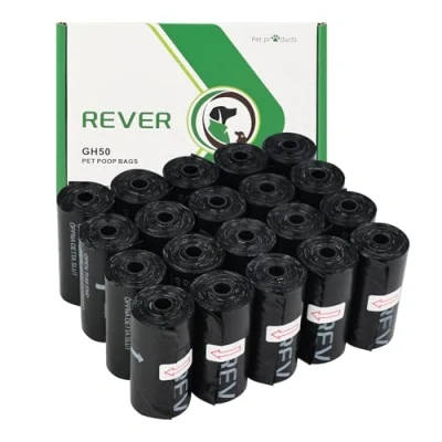 Afbeelding van REVER GH50 hondenpoepzakjes, 300 stuks, extra dikke geurvrij, 33 x 23 cm, 20 rollen, 15 per rol, zwart