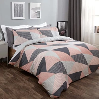 Afbeelding van Dreamscene Geometrisch dekbedovertrek met kussenslopen getextureerd Scandi roze en grijs beddengoedset, blush tweepersoons maat