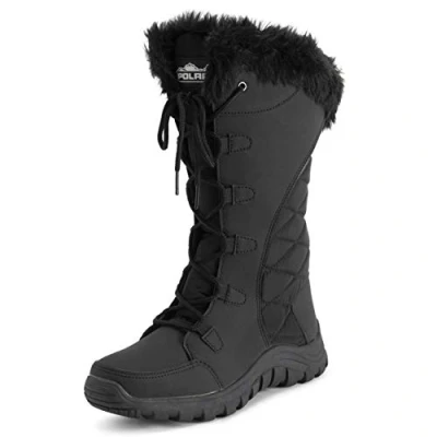 Afbeelding van Polar dames gewatteerde namaakbont manchet Winter Duck rubberen zool duurzame sneeuwregen Outdoorlaarzen zwart nylon lang UK9 / EU42 YC0657