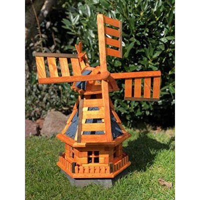 Afbeelding van DARLUX Decoratieve handgemaakte tuinwindmolen van hout, kogelgelagerd, geïmpregneerd in bruin, weerbestendig, windmolen achter op het hoofd, maten blauw, L