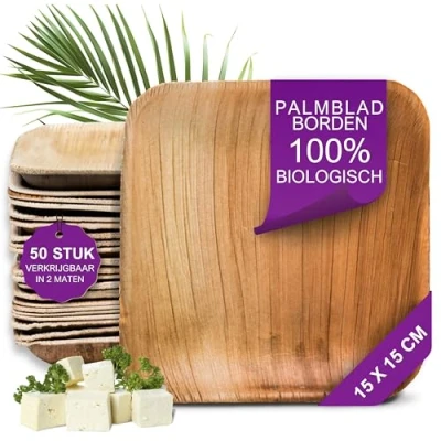 Afbeelding van Waipur Bio Palmblad Borden 50x Vierkant Bord 15x15cm Composteerbaar Eersteklas Wegwerp Servies Milieuvriendelijke Bordjes Feest