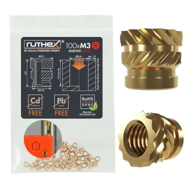 Afbeelding van ruthex Voron Schroefdraadinzet M3, 100 stuks RX M3 x 5 4 schroefdraadbussen van messing, stabiele inpersmoeren voor kunststof onderdelen, door warmte in 3D printdelen te gebruiken
