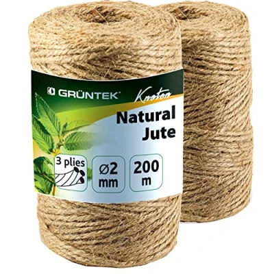Afbeelding van GRÜNTEK jute koord 2 mm dik, garen, tuinkoord, rollen van elk 100 m, 100% bindgaren, knutselkoord natuurlijke kleur, duurzaam pakketkoord