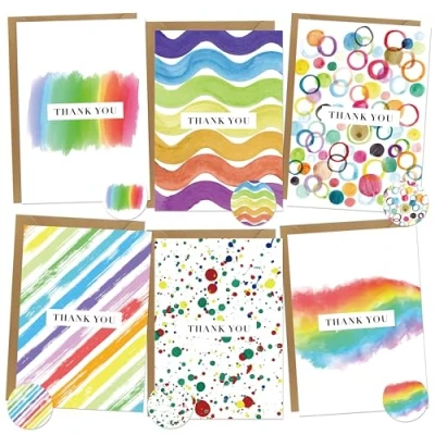 Afbeelding van BIROYAL 12 sets bedankkaarten incl. extra enveloppen en stickers voor elke gelegenheid, blanco bedankkaarten, elegante vouwkaarten met aquarel regenboogmotieven, hoogwaardige wenskaarten familie