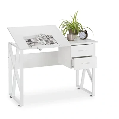 Afbeelding van Relaxdays bureau kantelbaar, verstelbaar werkoppervlak, laptoptafel of tekentafel, HBD: 75x110x55 cm, in het wit