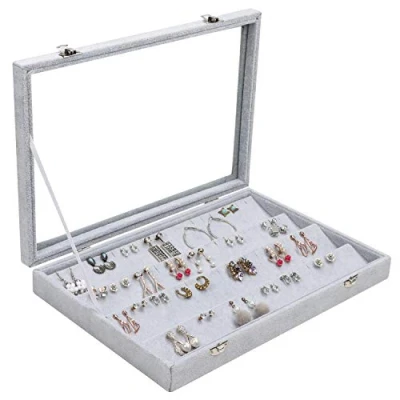 Afbeelding van Belle Vous Grijs Velours Sieraden Organiser Display Doos Tray, 40 Gleuven &amp; Glazen Deksel 4 Laags Oorbel Vertoon Organizer Houder met Helder Transparant Raam Voor Knop Oorbellen