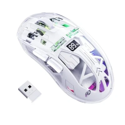 Afbeelding van FREEWOLF A2 Draadloze Gamingmuis, Dual Mode 2.4G/Bluetooth Pc Gamingmuizen, RGB muis met Batterijdisplay, Transparante Behuizing, PixArt 3212 4000 DPI, voor Win/MAC, Glazed White